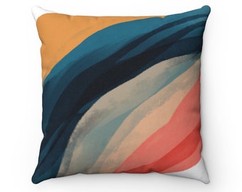 Throw Pillow Cover, Navy Beige Orange, Rainbow Earth Tones Watercolor Square, Decorative Pillowcase