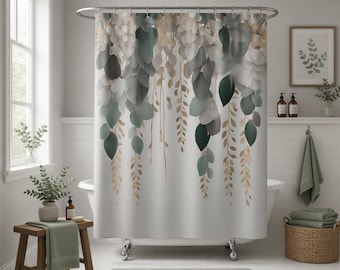 Boho Shower Curtain | Eucalyptus Floral Fabric Shower Curtain | Tropical Grey, Sage Green, Muted Gold Beige | Botanical Leaves Bath Curtain