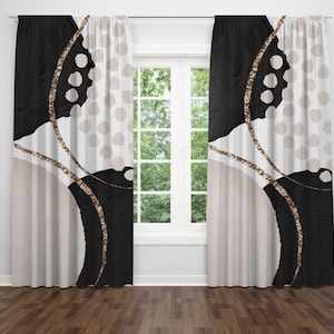 Abstract Window Curtains | Black White, Cream Ivory, Non Foil Gold Beige | Modern Watercolor 50 X 84&quot;, Bedroom, Living Room, Window Curtain