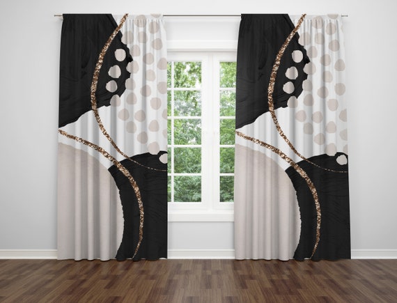 Abstract Window Curtains Black White Cream Ivory Non Foil Gold Beige Modern Watercolor 50 X 84 Bedroom Living Room Window Curtain Etsy