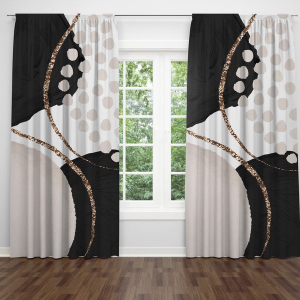 Abstract Window Curtains | Black White, Cream Ivory, Non Foil Gold Beige | Modern Watercolor 50 X 84", Bedroom, Living Room, Window Curtain