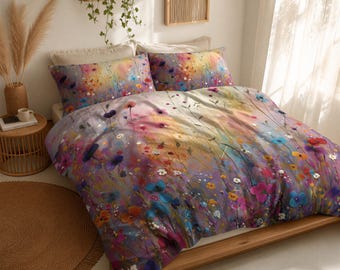 Floral Duvet Cover | Colorful Wildflowers Abstract Boho Bedding Queen King