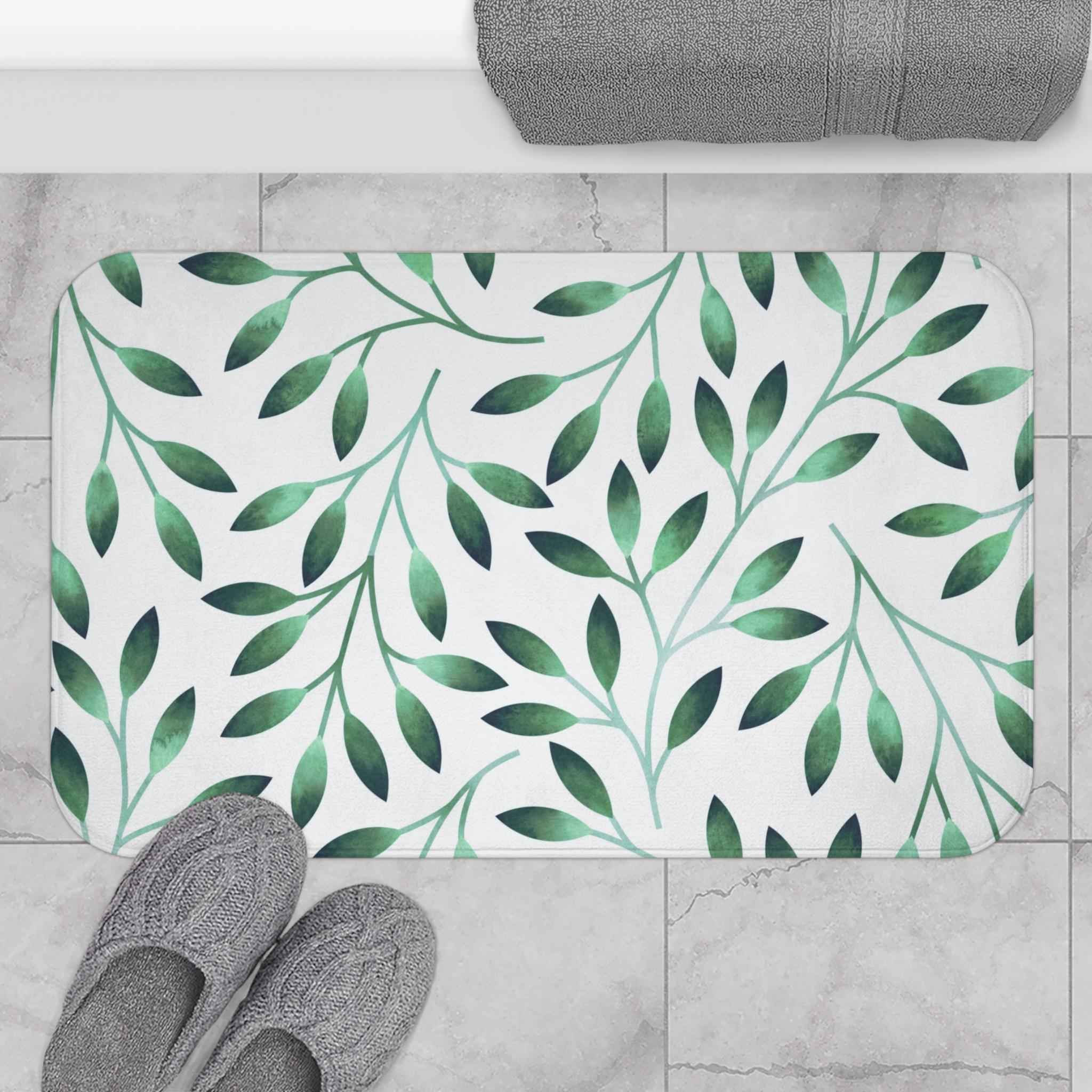 Bath Mat, Kitchen Mat Muted Fade Watercolor, Abstract Floral Leaves Green Teal White, Jungle Coastal Minimalist  Bathroom Mat