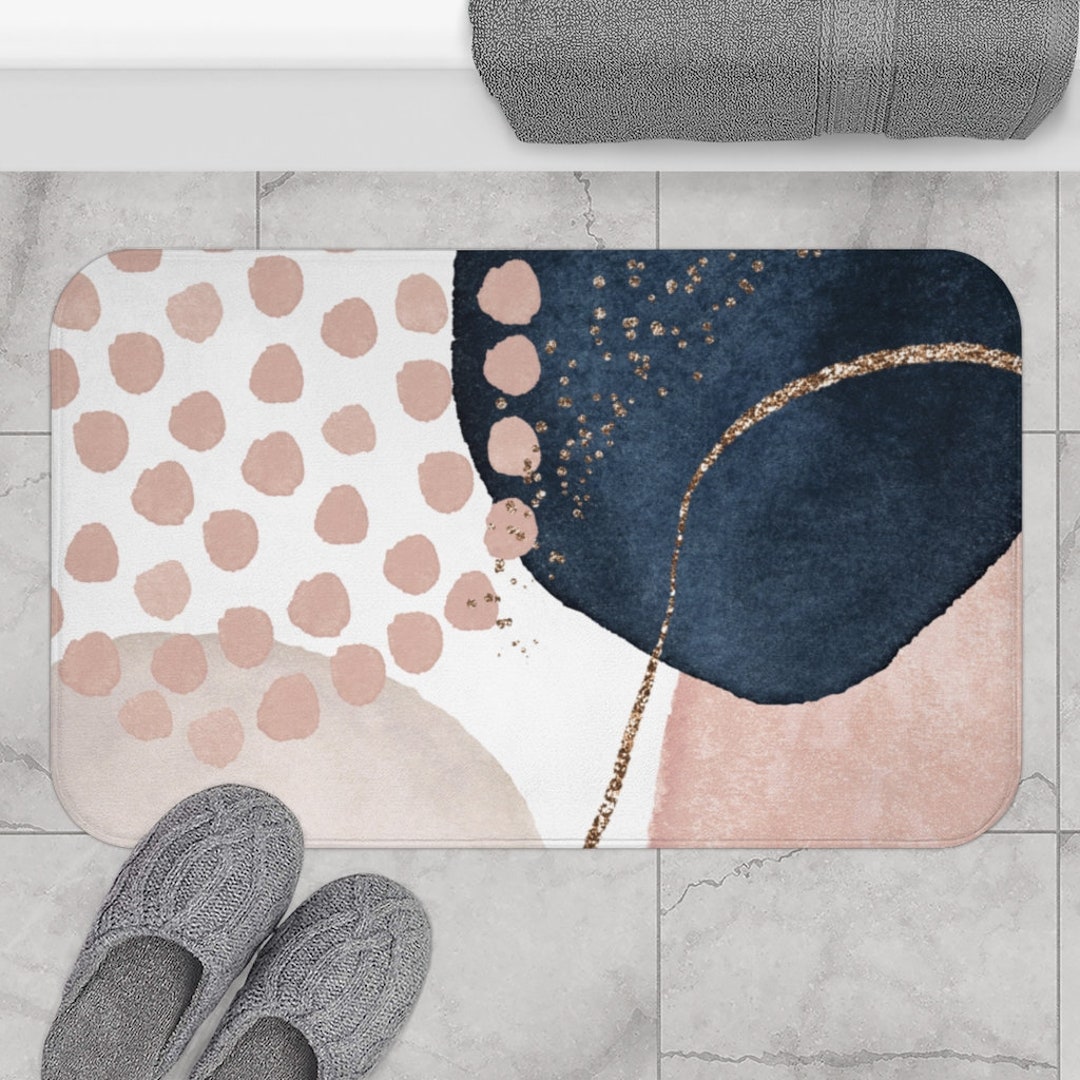 Boho Chic, Abstract Bath Mats and Rugs, Navy Blue, Blush Ivory Beige