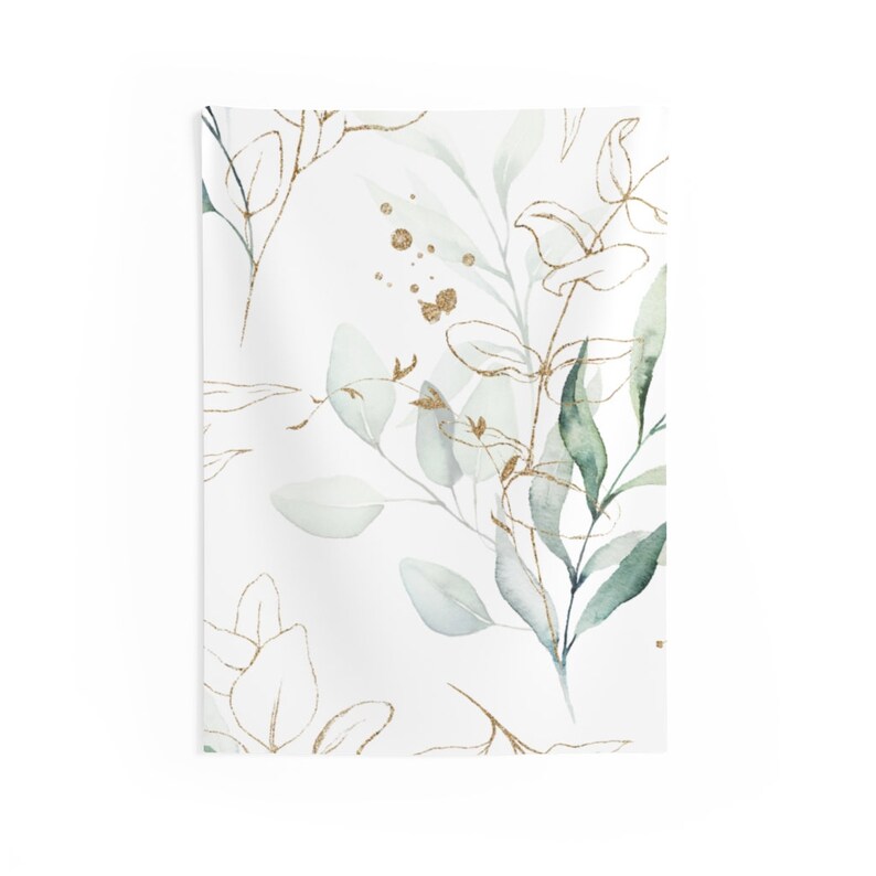 May include: A white tapestry with a watercolor pattern of green leaves and gold accents. The leaves are arranged in a random pattern and the gold accents are scattered throughout the tapestry.