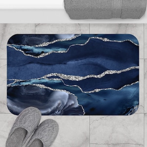 Navy Blue Marble Bath Mat: Modern Abstract Art, Memory Foam Rug