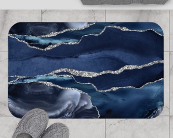 bath mat and rug, Navy Blue Black, Marble Agate Quartz, modern abstract art, Fancy Elegant, Bohemian modern art, bathroom decor