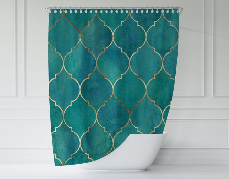 Boho Shower Curtain Moroccan Teal Blue Green Beige Gold Etsy