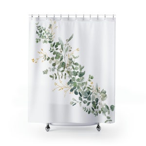 Boho Shower curtain and bath mat, Farmhouse Decor Eucalyptus bathroom set, watercolor botanical, cottage core modern bathroom decor