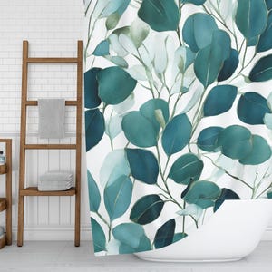 Fabric Boho Floral Shower Curtain | Green Bath Curtain, Teal Green, Blue, Pale Blue, Leaves, Plant Lover | Botanical Bathroom Curtain