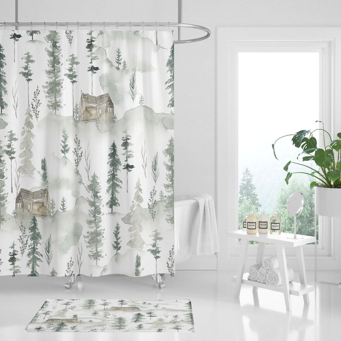 Floral Shower Curtain and Bath Mat Watercolor Greenery Forest | Etsy