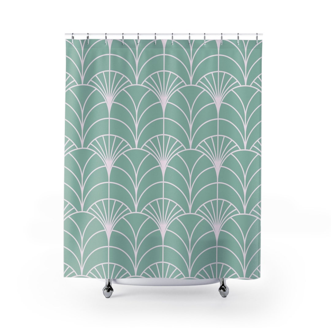 Art Deco, Vintage Boho Shower Curtain Mint Light Teal Green, White Art
