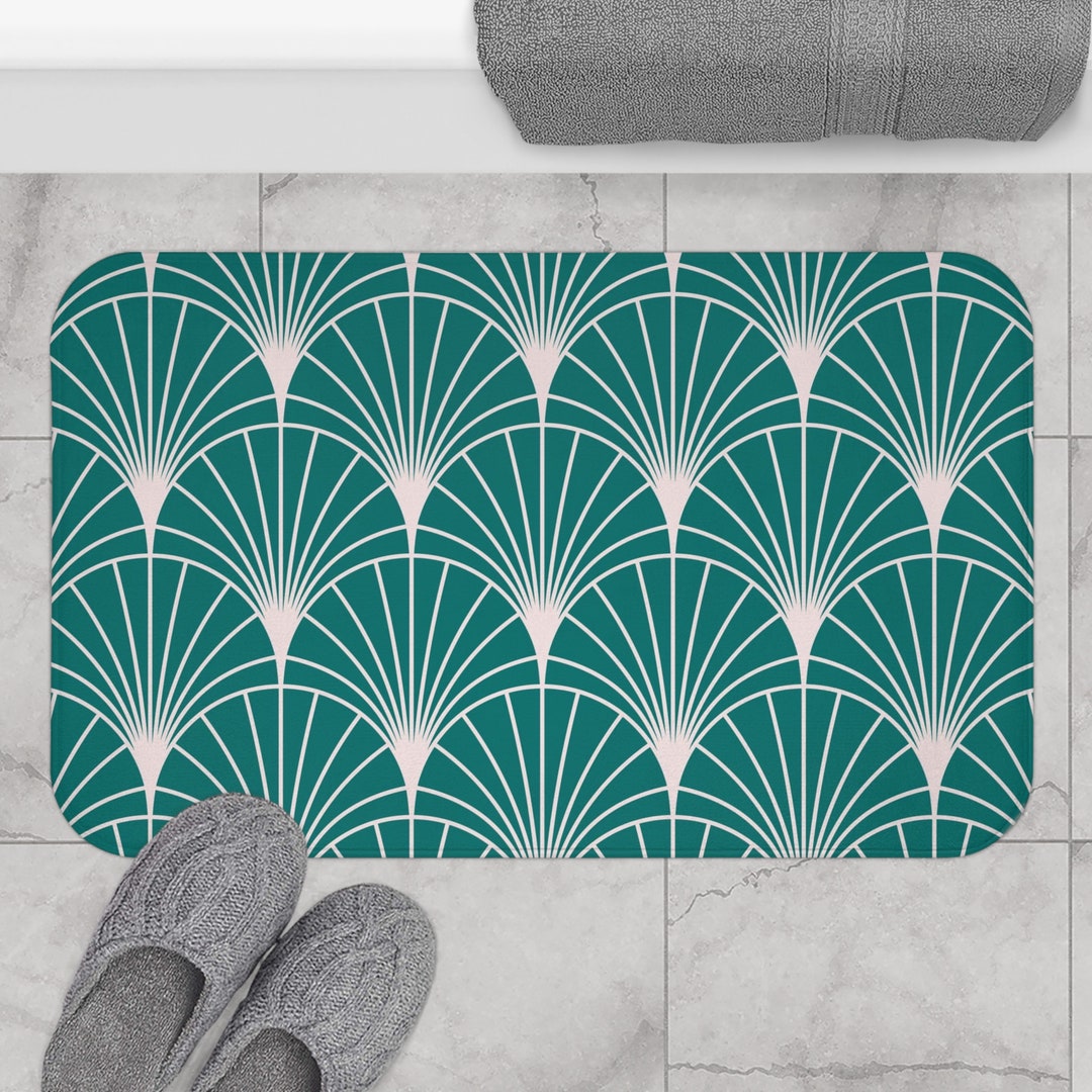 Art Deco Bath Mats and Rugs Vintage Retro, Teal Green, White Geometric