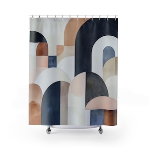 Douchegordijn abstract aquarel: marineblauw, blush, beige boho badkamerdecoratie