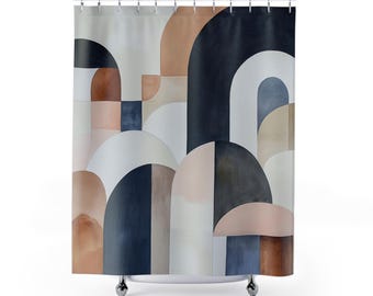 Abstract Watercolor Shower Curtain: Navy, Blush, Beige Boho Bathroom Decor