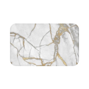 Bohemian Bath Mats and Rugs, White Marble Print, Grey beige Modern Abstract Art, Retro Bathroom Decor