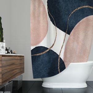 Tenda da doccia Boho Chic, astratta, blu navy, rosa cipria, rosa cipria e beige in acquerello, arredo bagno minimalista e moderno AbL