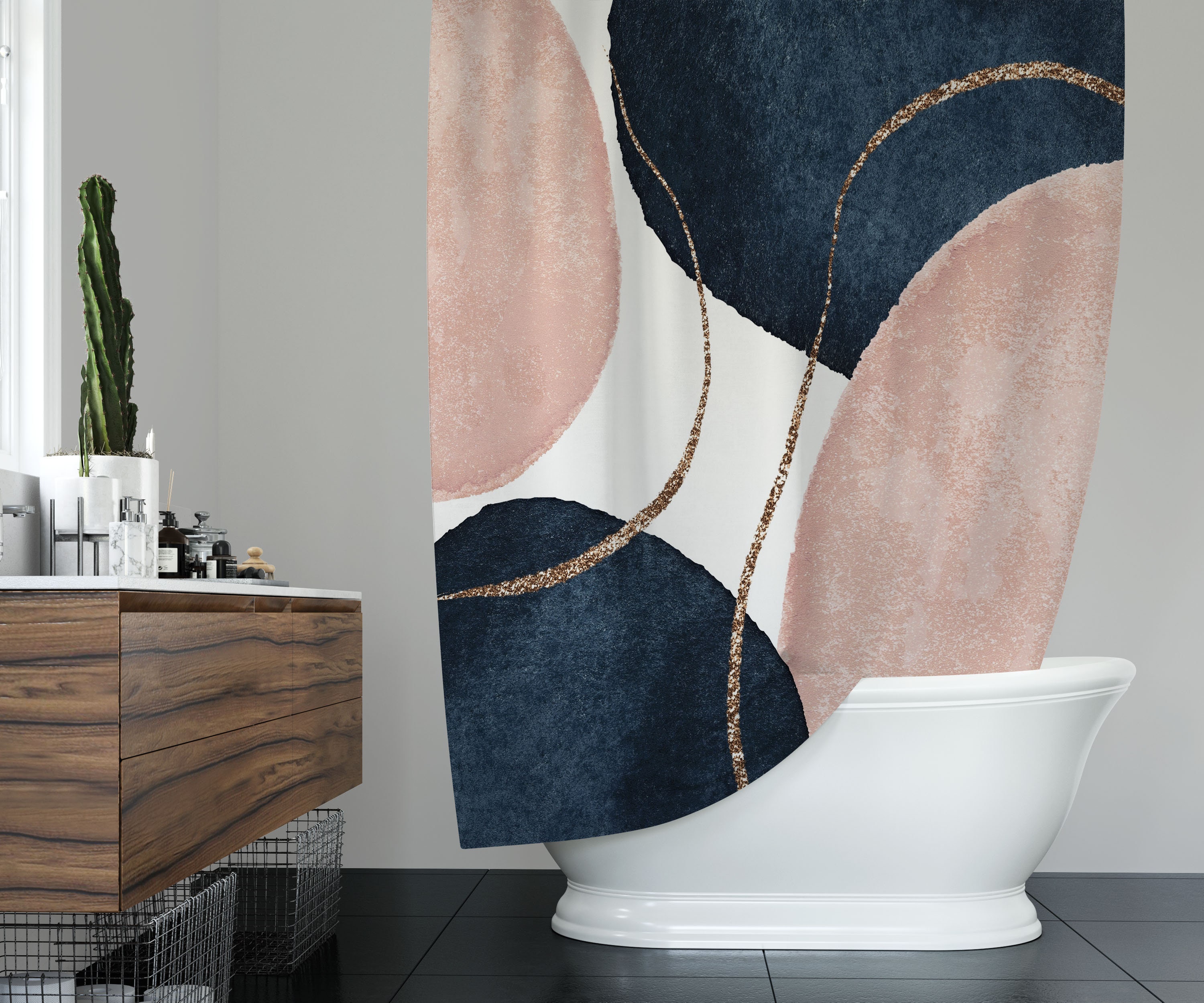 Boho Chic Abstract Shower Curtain Navy Blue Blush Soft Pink