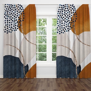 Abstract Window Curtains |  Navy Blue, Cream Ivory, Burnt Orange Beige | Modern Watercolor 50 X 84", Bedroom, Living Room, Window Treatments