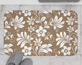 Retro Bath Mat, Art Nouveau Floral, Tan Beige Brown, Non Skid Memory Foam