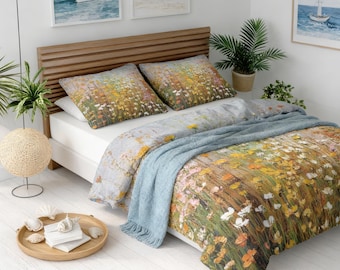 Floral Duvet Cover Set with Optional Pillow Covers | Orange Green Colorful Bedding | Twin Queen King Comforter Cover Set