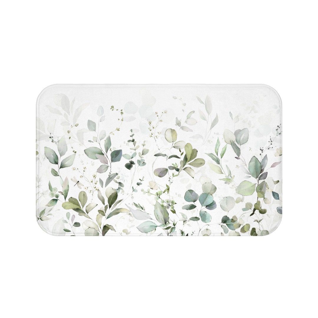Floral Bath Mat, Botanical Kitchen Sink Mat, Tropical Sage Green ...
