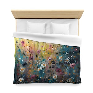 Dekbedovertrek met wilde bloemen | Kleurrijk Queen King, 2 aparte bedden, XL | Aquarel groenblauw, mauve roze paars, witte botanische tuin