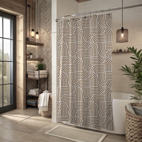 Abstract Art Deco Shower Curtain | Fabric Shower Curtain, Tan Beige White Geometric