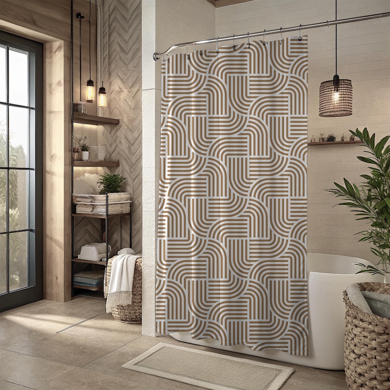 Abstract Art Deco Shower Curtain | Fabric Shower Curtain, Tan Beige White Geometric image 1