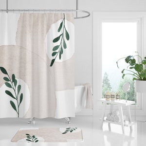 Boho Shower Curtain, Bath Mat, Bath Hand Towel, Abstract Dusty Blush Beige Green Floral bathroom set, Watercolor Minimalist modern art