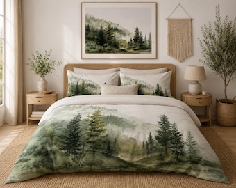 Forest Watercolor Duvet Cover, Pillow Sham, Nature Inspired Bedroom Decor, Woodland, Green Forest Comforter Cover