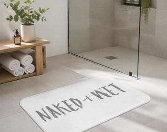 Alfombra de baño divertida y linda, alfombra de baño, Desnúdate y mójate, Blanco Gris, Baño sencillo, Decoración moderna popular para apartamentos con frase