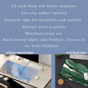 May include: A desk mat with a blue and gold marble design. The mat is 1/8 inch thick and made of soft fabric neoprene with an anti-slip rubber backing. The mat is available in multiple sizes and with or without black lining edges.