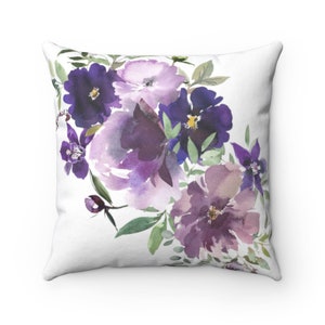 Watercolor Floral Pillow Cover, Lavender Violet, Purple Botanical Leaf, Modern Living Room, Farmhouse Bedroom Decorative Couch Accent