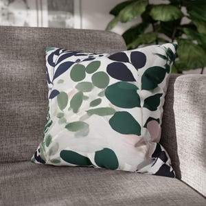 Floral Pillow Cover | Colorful Leaves, Sage Forest Green, Navy Blue Sofa Throw Decorative Pillowcase, Shabby Core Botanical Farmhouse Decor