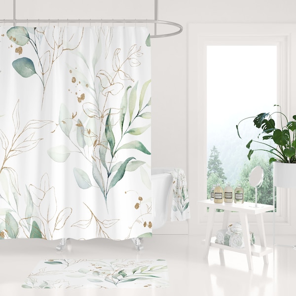 Shower curtain and bath mat, Farmhouse Decor Eucalyptus bathroom set, watercolor botanical modern art bathroom decor