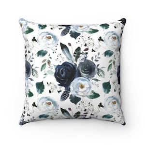 Floral Pillow Cover, Navy Gray Feathers, Dusty Blue Roses, Farmhouse Decorative Pillowcase, Square pillow cover 20x20, 18x18, 16x16, 14x14