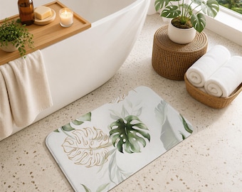 Alfombrilla de baño con estampado de hojas de monstera tropical: decoración de baño de espuma viscoelástica.