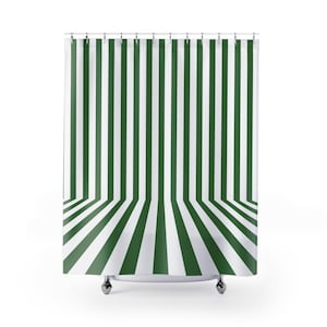 Retro Shower Curtain | Abstract Green White Fabric Shower Curtain, Stripes, Mid Century Minimalist Green Shower Curtain