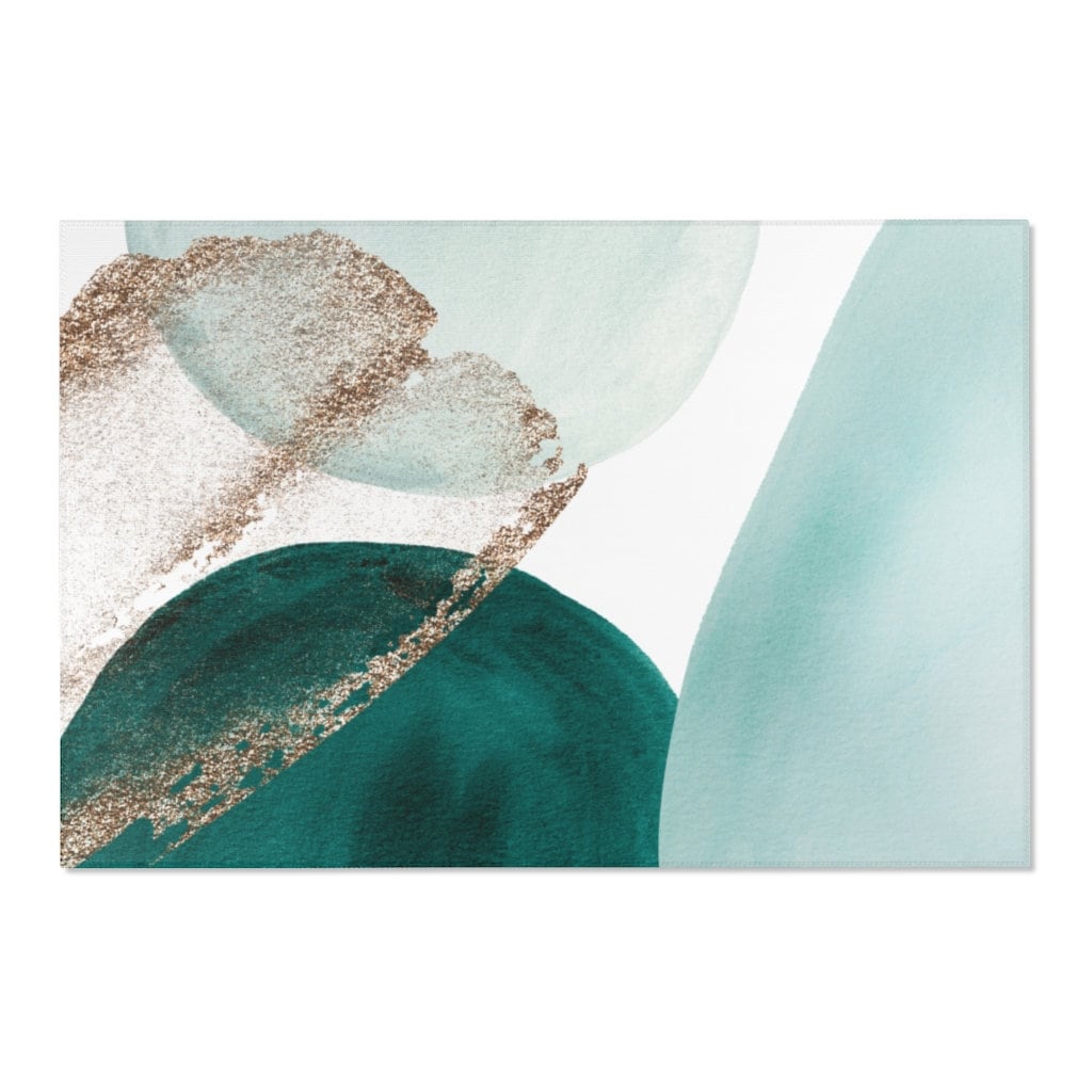 Boho Chic Area Rugs, Abstract Geometric Shapes, Emerald Soft Green, Teal and Gold in Watercolor Print, Fancy Elegant, Apartment Home, Office