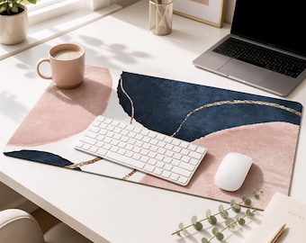 Abstract Desk Mat, Navy Blush Pink, Gold Watercolor, Desk Organizer, Large Mousepad, Home Office Decor,  Workstation AbL