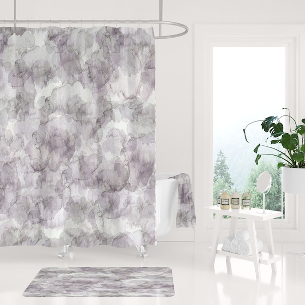 Boho Duschvorhang, grauer Lavendel, lila Ombre Aquarell, moderne abstrakte Kunst, Pastellwolken, extravagant, Boho Badezimmer Dekor
