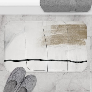 Bohemian | Abstract Bath Mat and Rug, Beige Brush, Black Lines, White Fancy Elegant Unique Art, Watercolor, Bathroom Decor Set