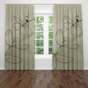 Art Nouveau Floral Window Curtains, Sage Green Ombre, Black One Line Art, Fade Watercolor 50X84&quot;, Bedroom, Living Room, Window Treatments