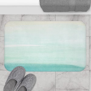 Boho Shower Curtain, Bath Mat, Towel Set | Pastel Teal Blue Beige Ombre ...