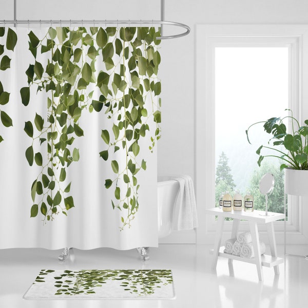Boho Floral Shower Curtain and Bath Mat Set, green vine leaves bathroom set, botanical farmhouse bath set