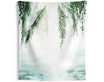 Wall Decor Hanging Tapestry, Aqua Ocean Scene, Green Hanging Leaves, Tropical Jungle, Floral Botanical, Modern Wall Art, Large Wall Tapestry