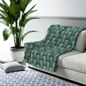 Art Deco Couch Throw Blanket | Art Nouveau Teal Green, Beige, Fan Pattern, Living Room, Bedroom Minimalist Cozy Throw Blanket