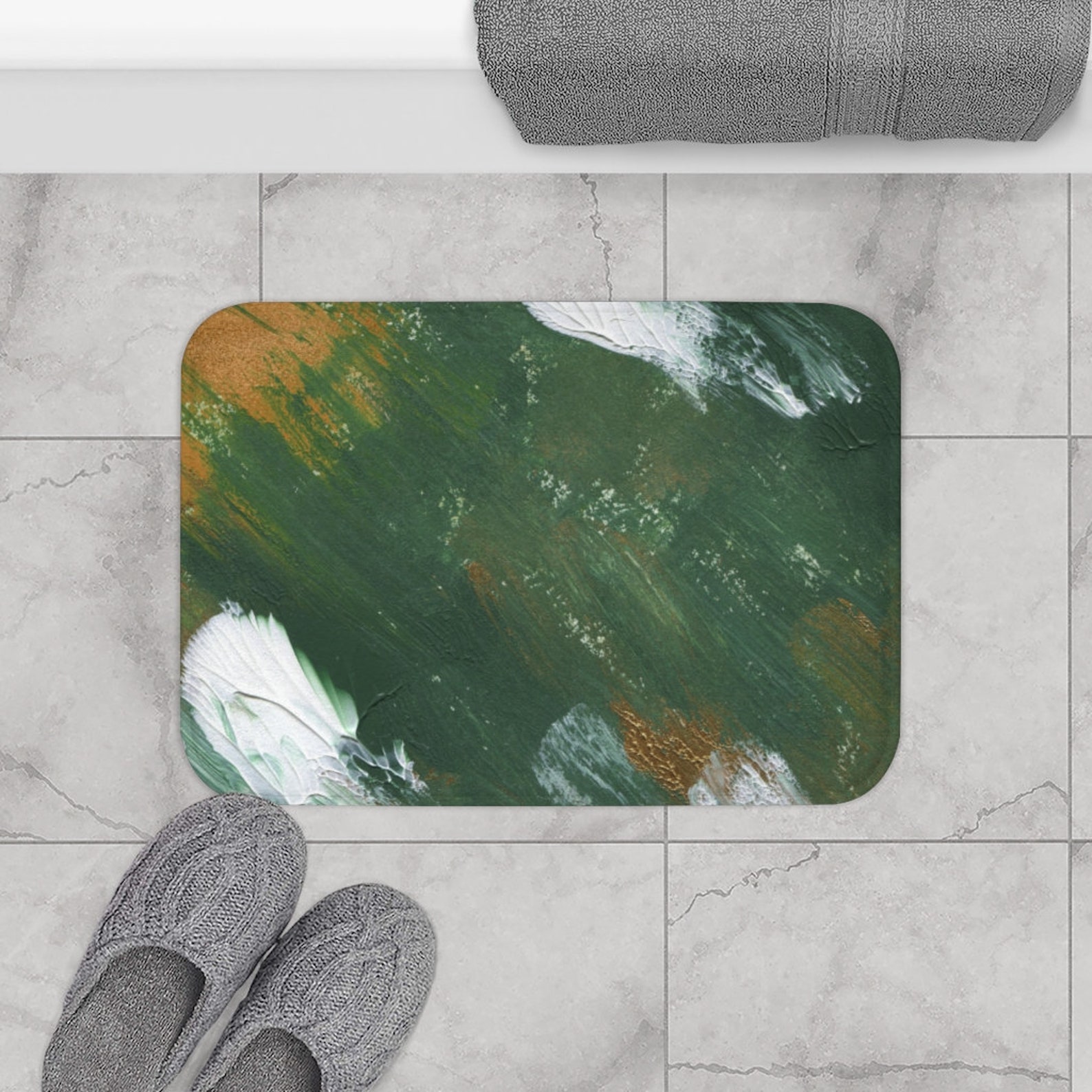 Abstract Boho Bath Mat and Rug Emerald Forest Green White Etsy