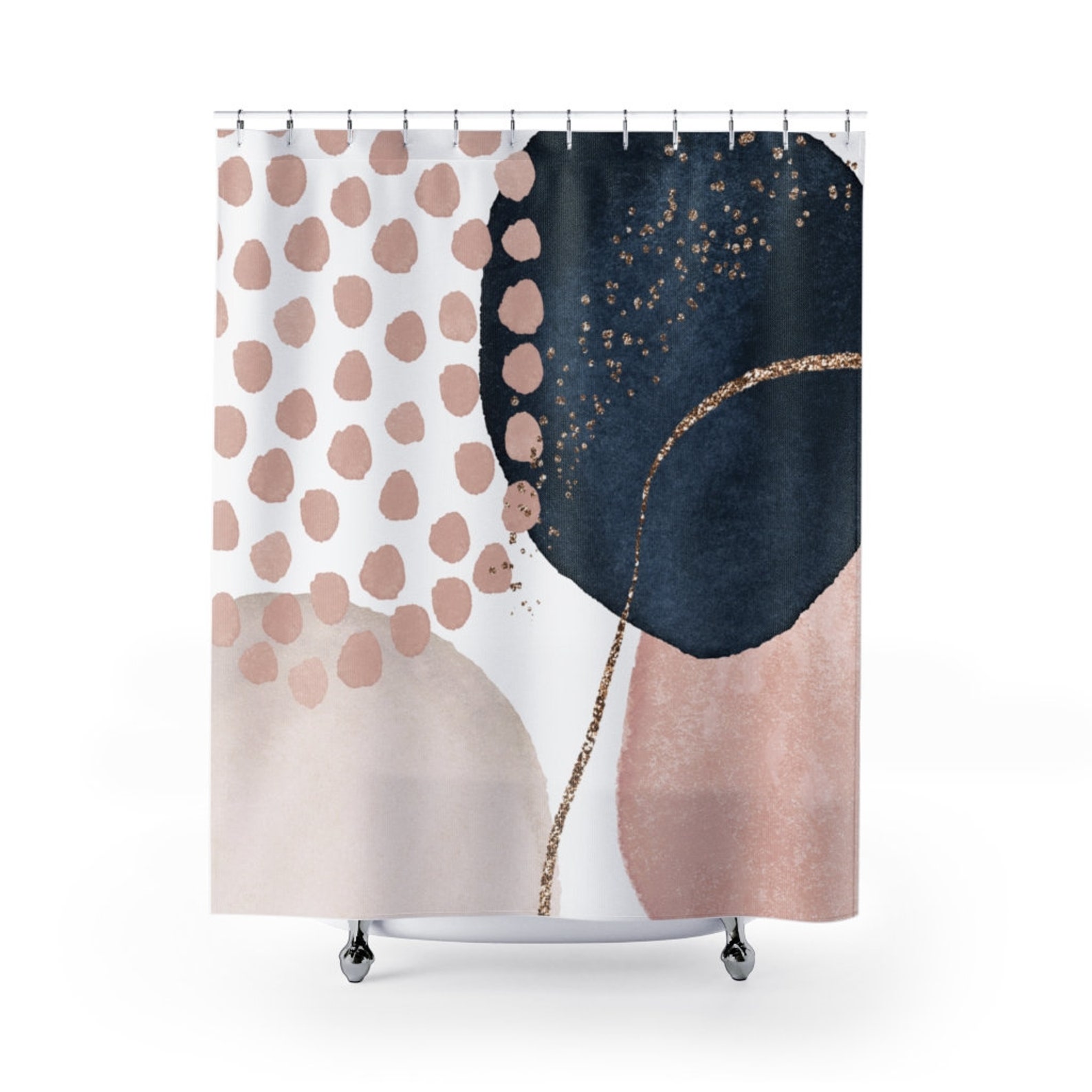 Boho Chic Abstract Shower Curtain Navy Blue Blush Ivory Etsy